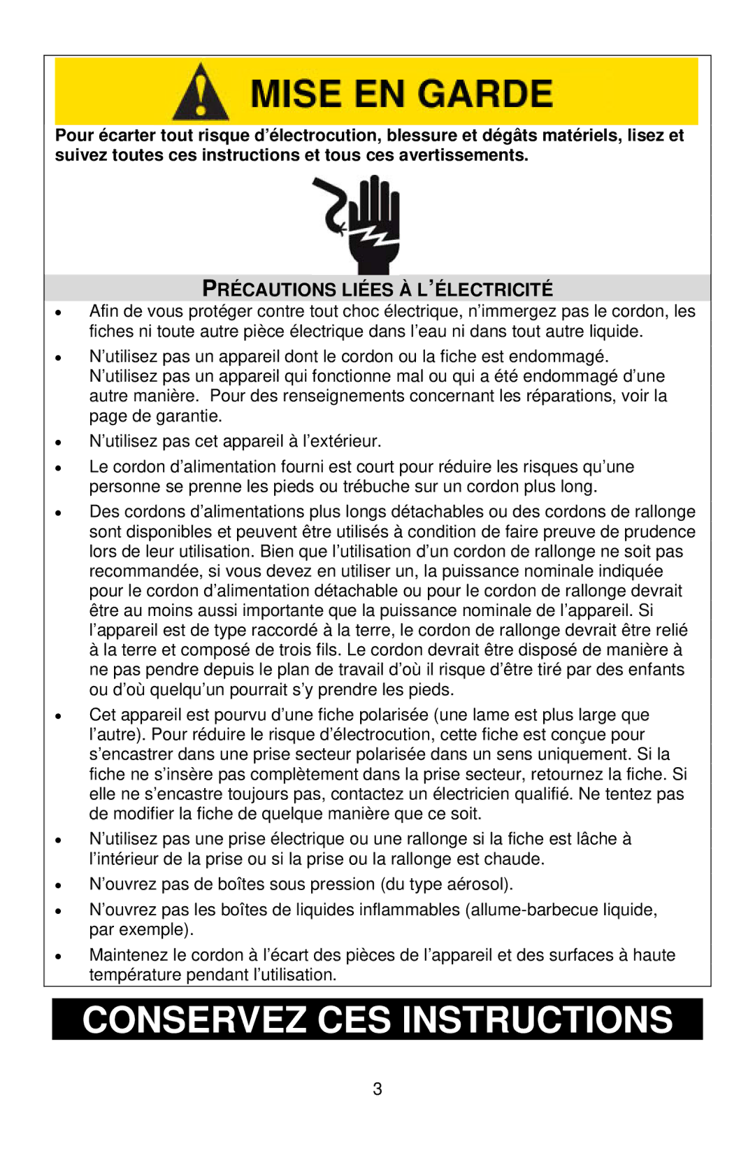 West Bend 77201, L5555B instruction manual Conservez CES Instructions, Précautions Liées À L’ÉLECTRICITÉ 