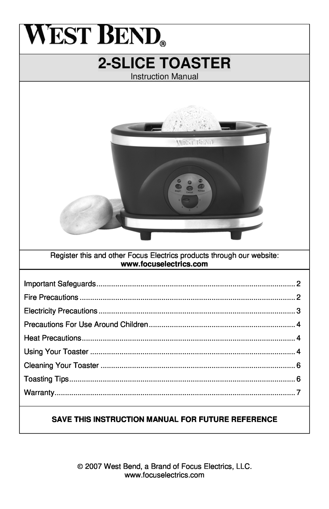 West Bend L5559C instruction manual Slice Toaster, Instruction Manual 