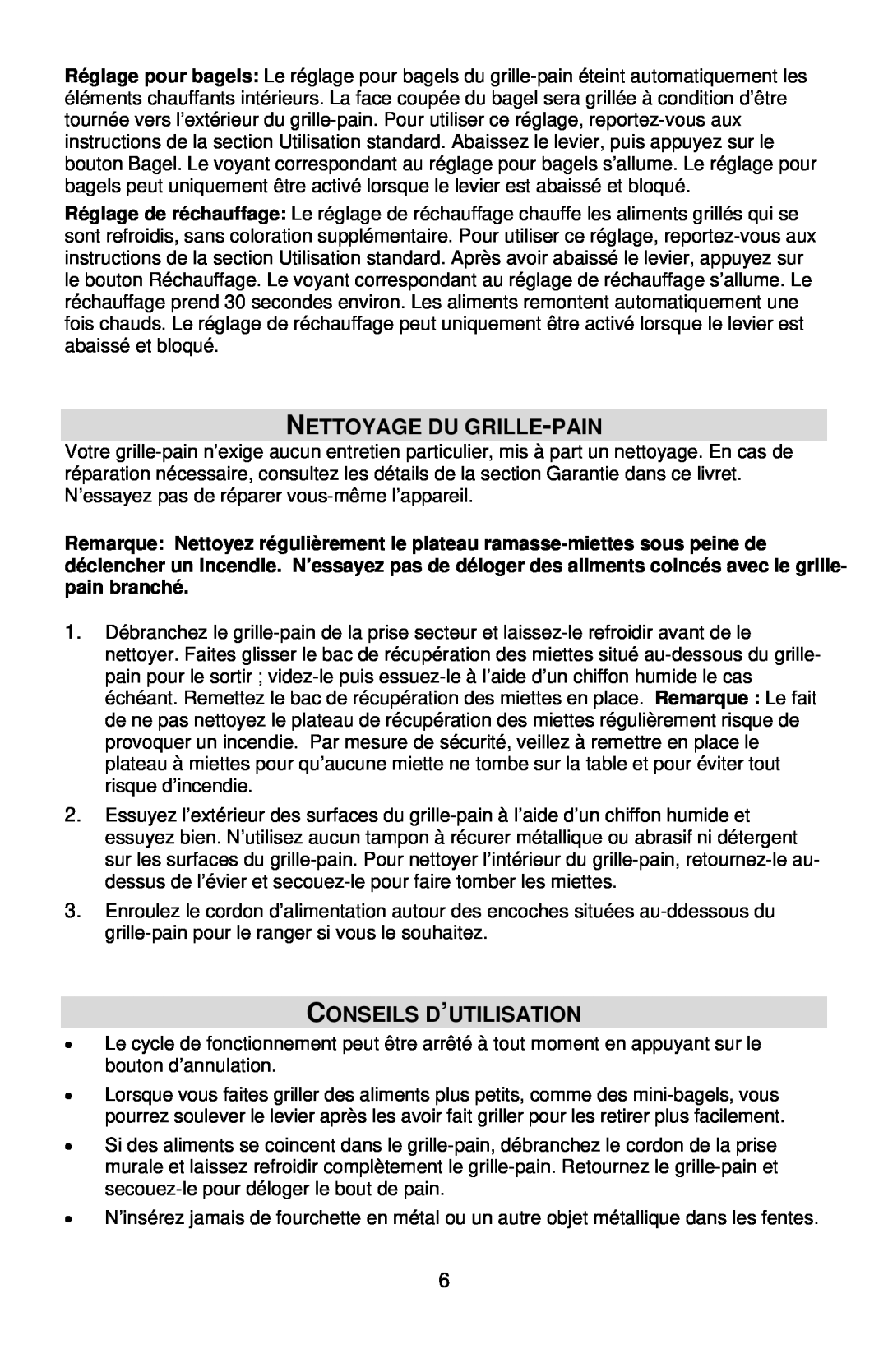 West Bend L5559C instruction manual Nettoyage Du Grille-Pain, Conseils D’Utilisation 