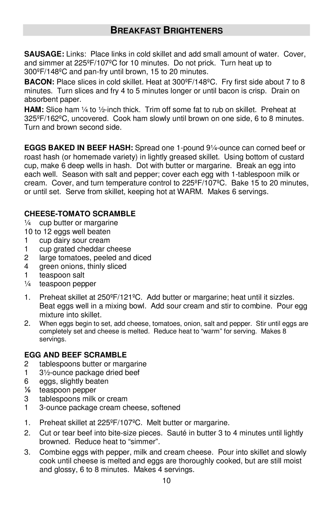 West Bend L5571D instruction manual Breakfast Brighteners, CHEESE-TOMATO Scramble, EGG and Beef Scramble 