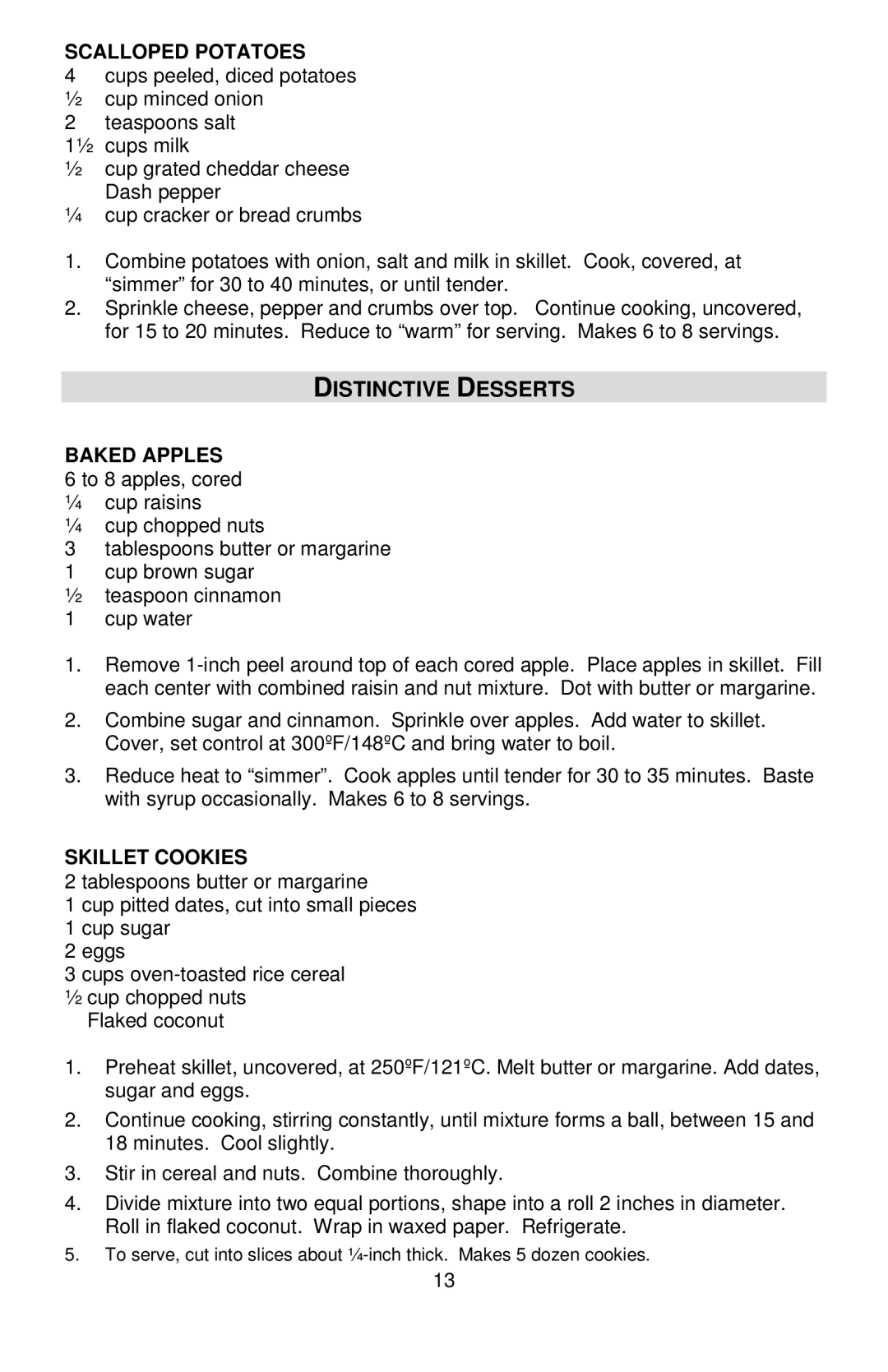 West Bend L5571D instruction manual Distinctive Desserts, Scalloped Potatoes, Baked Apples, Skillet Cookies 