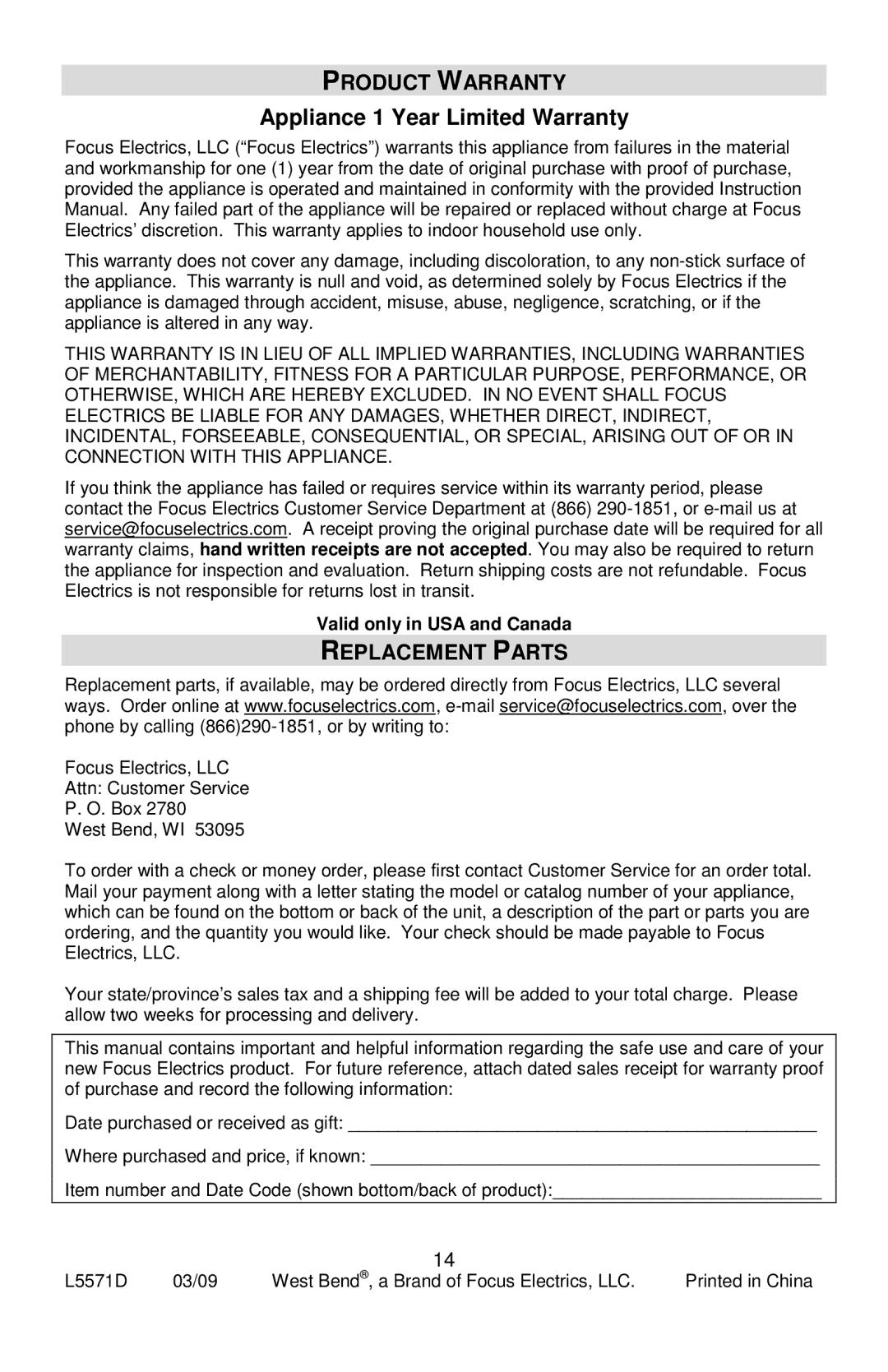 West Bend L5571D instruction manual Product Warranty, Replacement Parts 