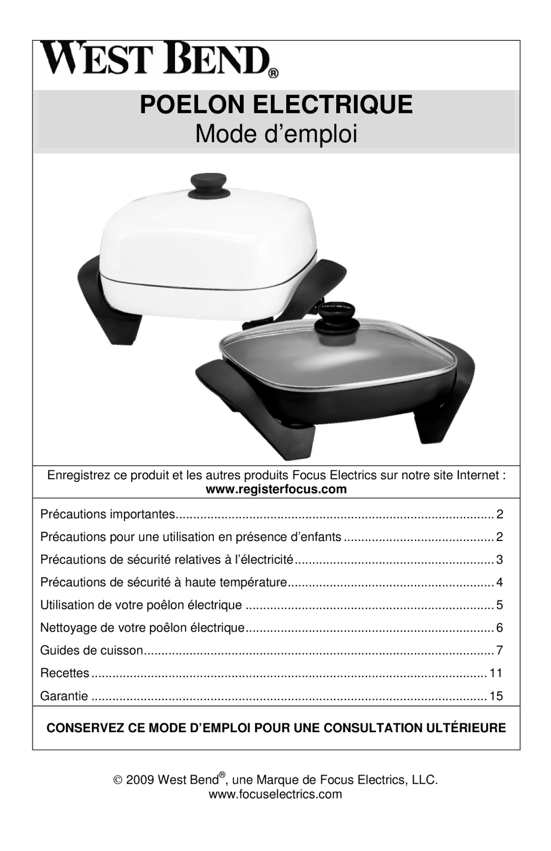 West Bend L5571D instruction manual Poelon Electrique, Conservez CE Mode D’EMPLOI Pour UNE Consultation Ultérieure 