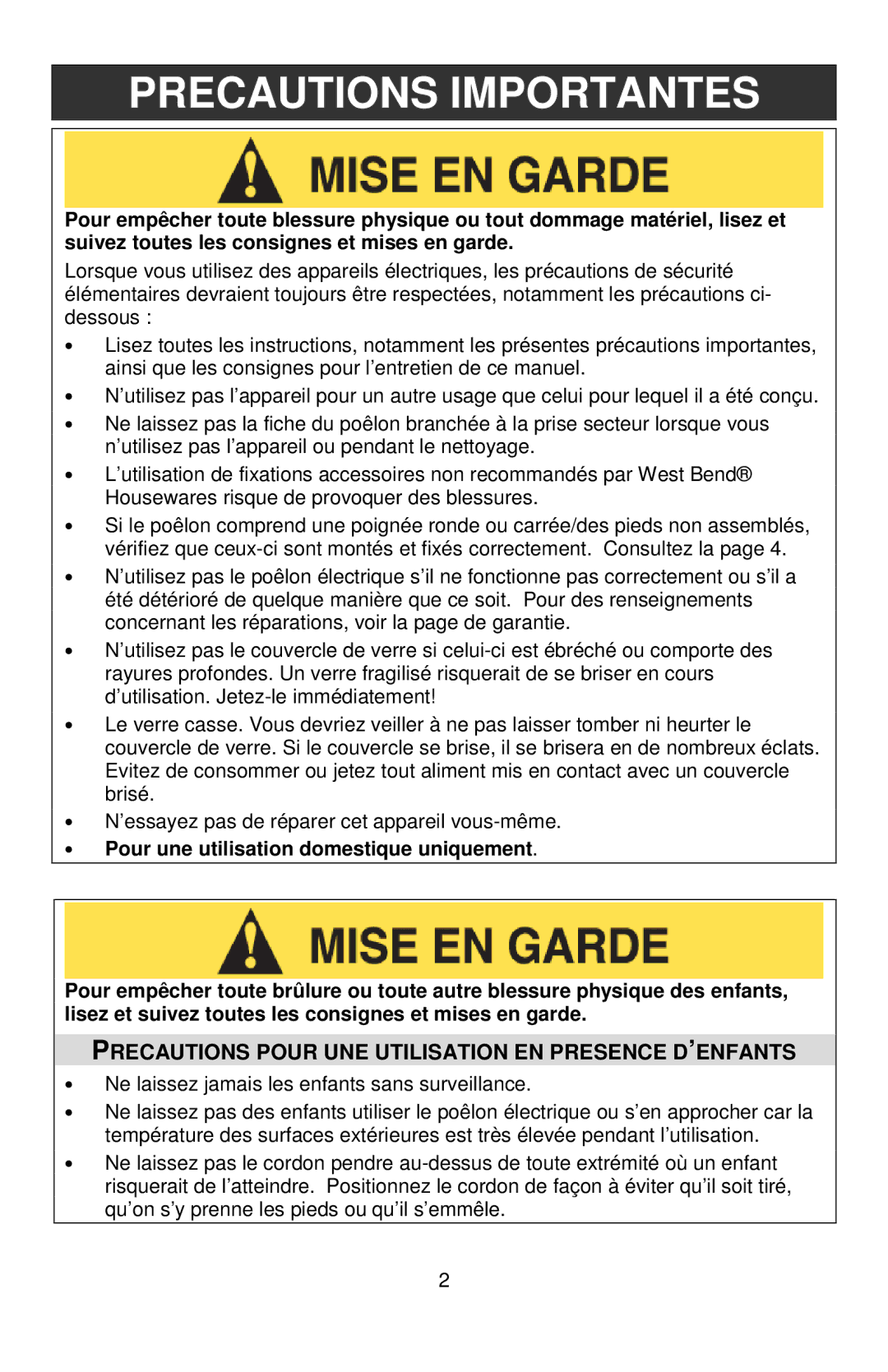 West Bend L5571D instruction manual Precautions Importantes, Precautions Pour UNE Utilisation EN Presence D’ENFANTS 