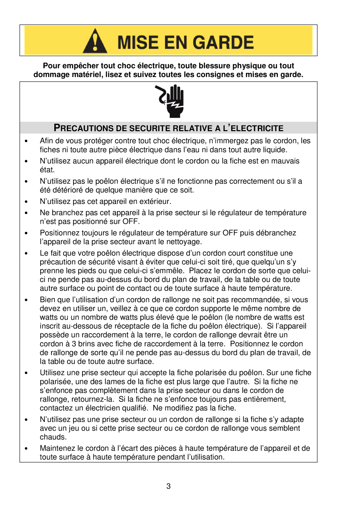 West Bend L5571D instruction manual Precautions DE Securite Relative a L’ELECTRICITE 