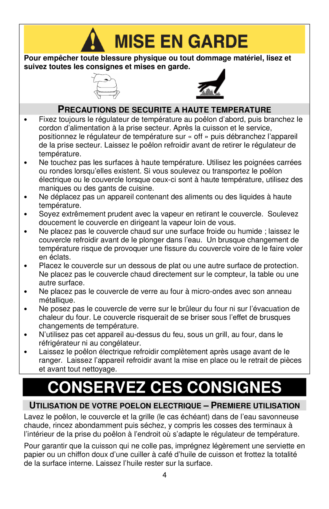 West Bend L5571D Precautions DE Securite a Haute Temperature, Utilisation DE Votre Poelon Electrique Premiere Utilisation 