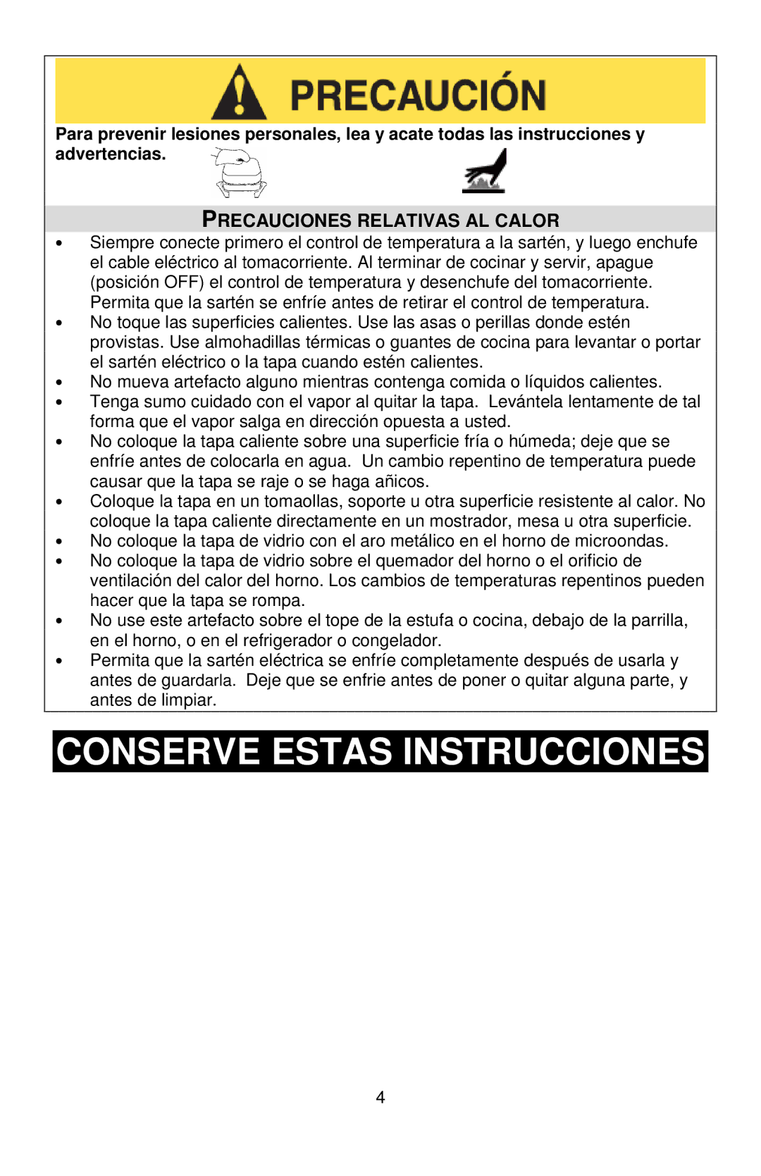 West Bend L5571D instruction manual Conserve Estas Instrucciones, Precauciones Relativas AL Calor 