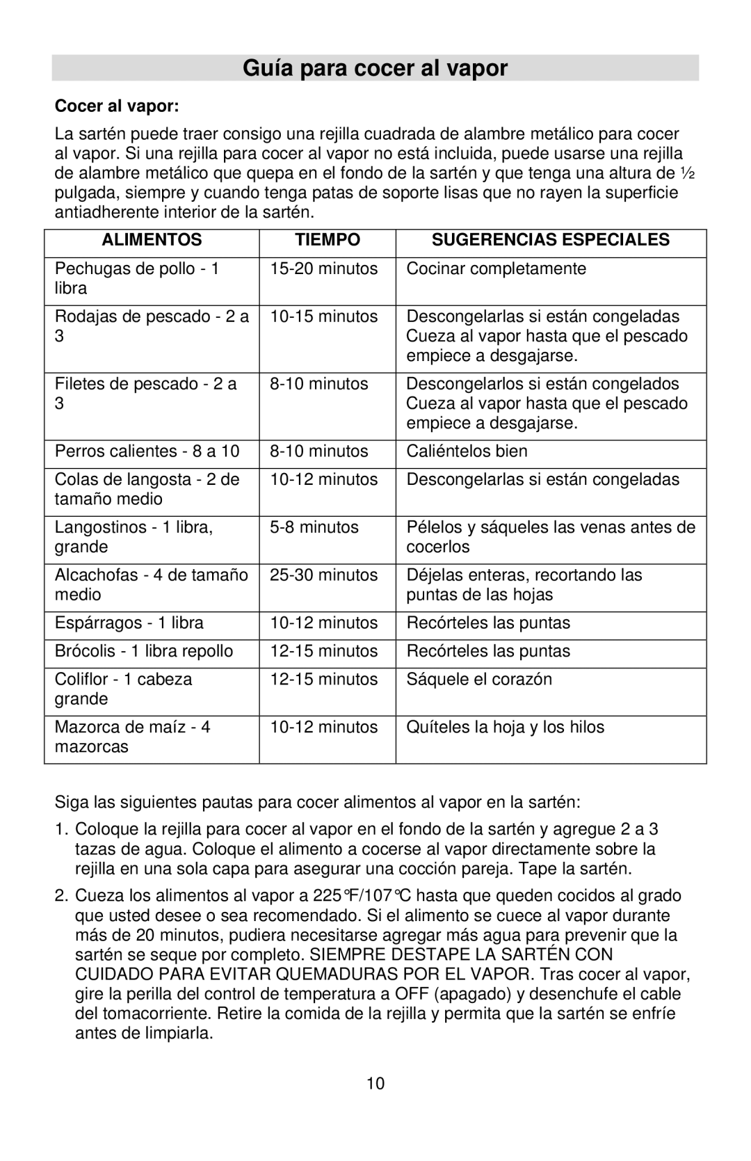 West Bend L5571D instruction manual Guía para cocer al vapor, Alimentos Tiempo Sugerencias Especiales 