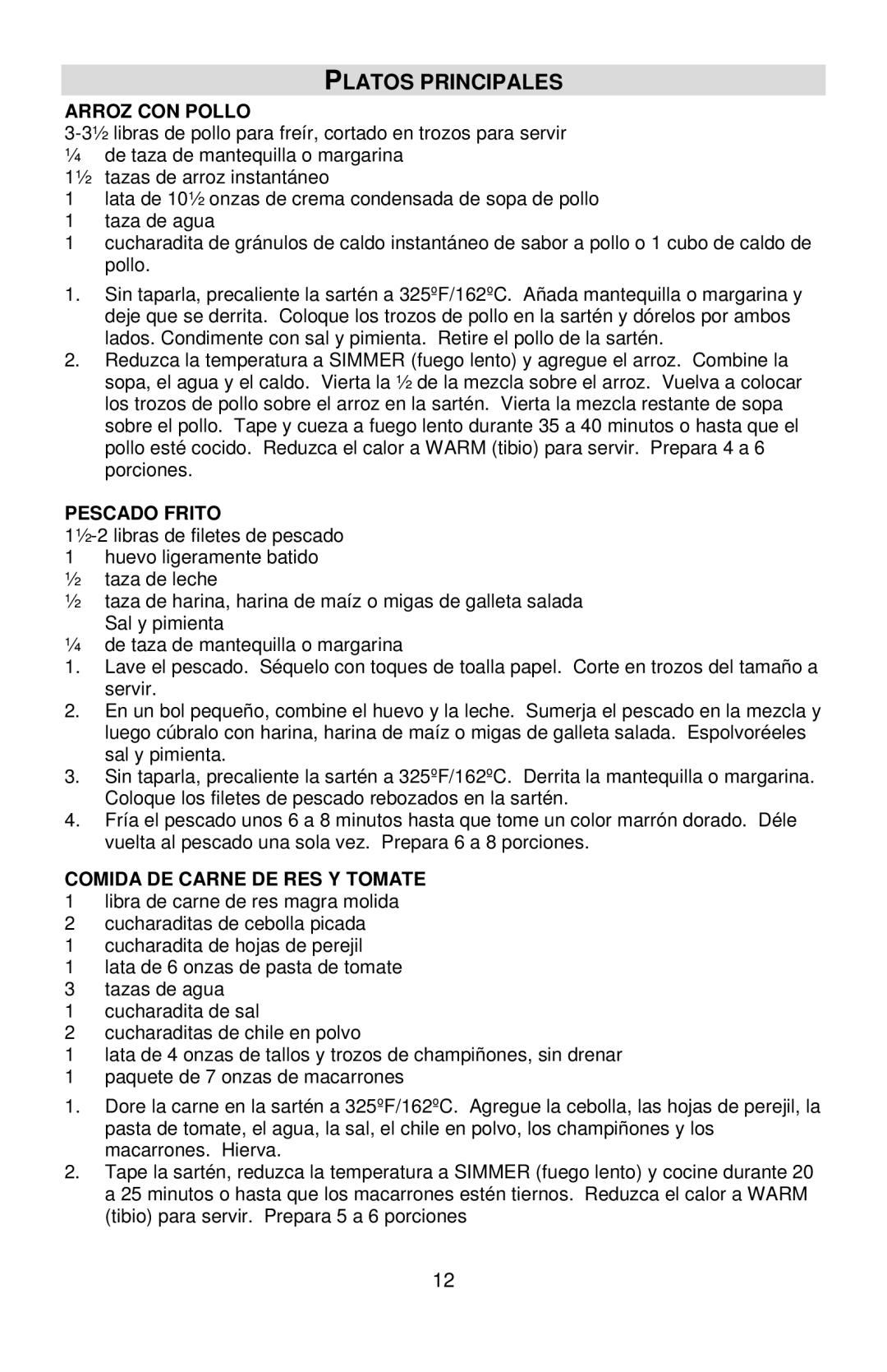 West Bend L5571D instruction manual Platos Principales, Arroz CON Pollo, Pescado Frito, Comida DE Carne DE RES Y Tomate 