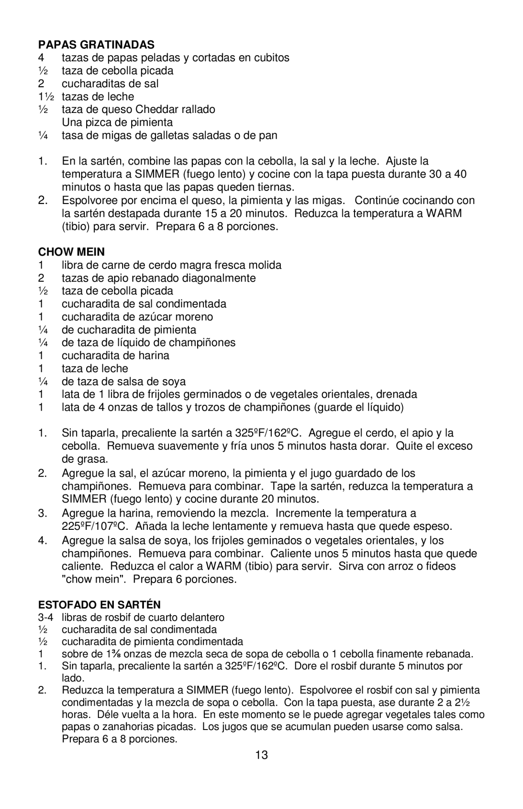 West Bend L5571D instruction manual Papas Gratinadas, Estofado EN Sartén 