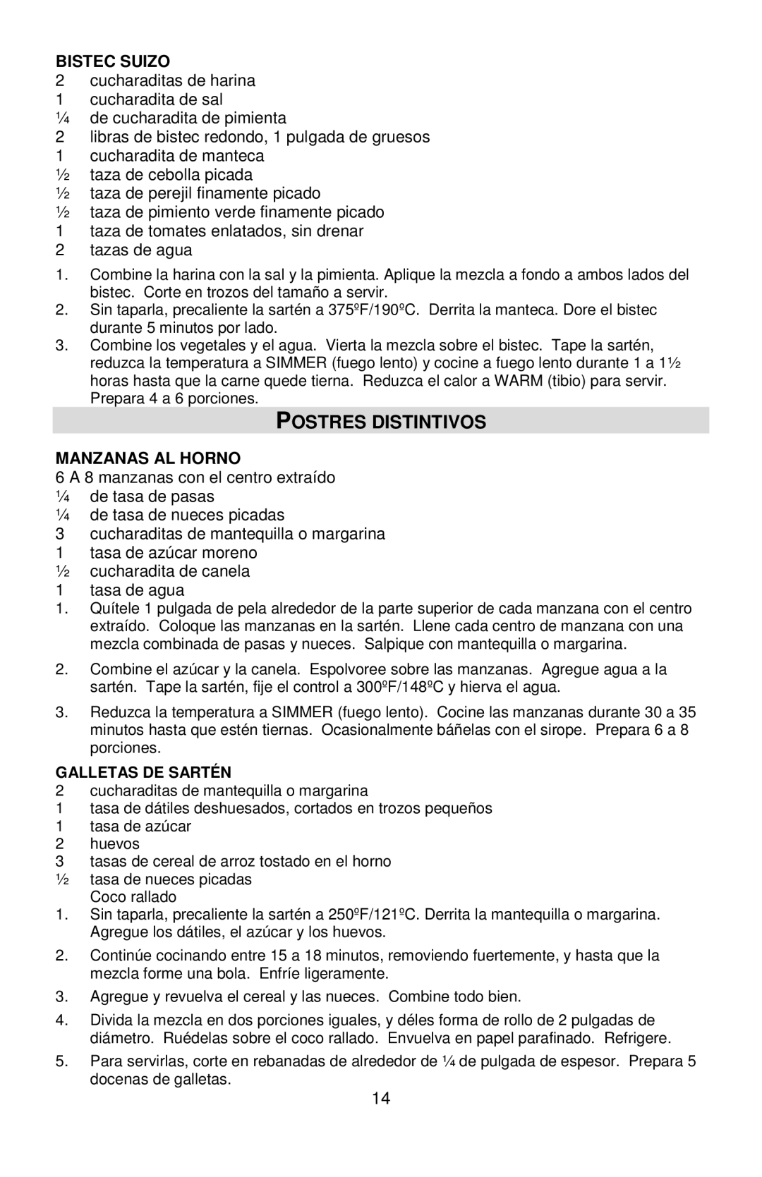 West Bend L5571D instruction manual Postres Distintivos, Bistec Suizo, Manzanas AL Horno, Galletas DE Sartén 