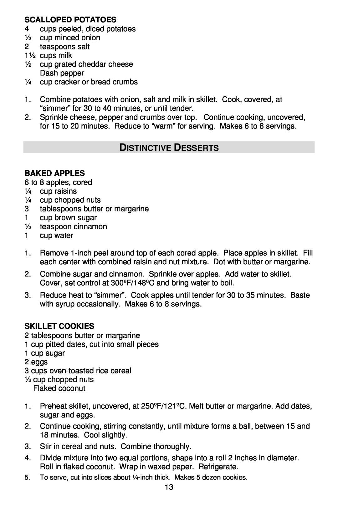 West Bend L5571D instruction manual Distinctive Desserts, Scalloped Potatoes, Baked Apples, Skillet Cookies 