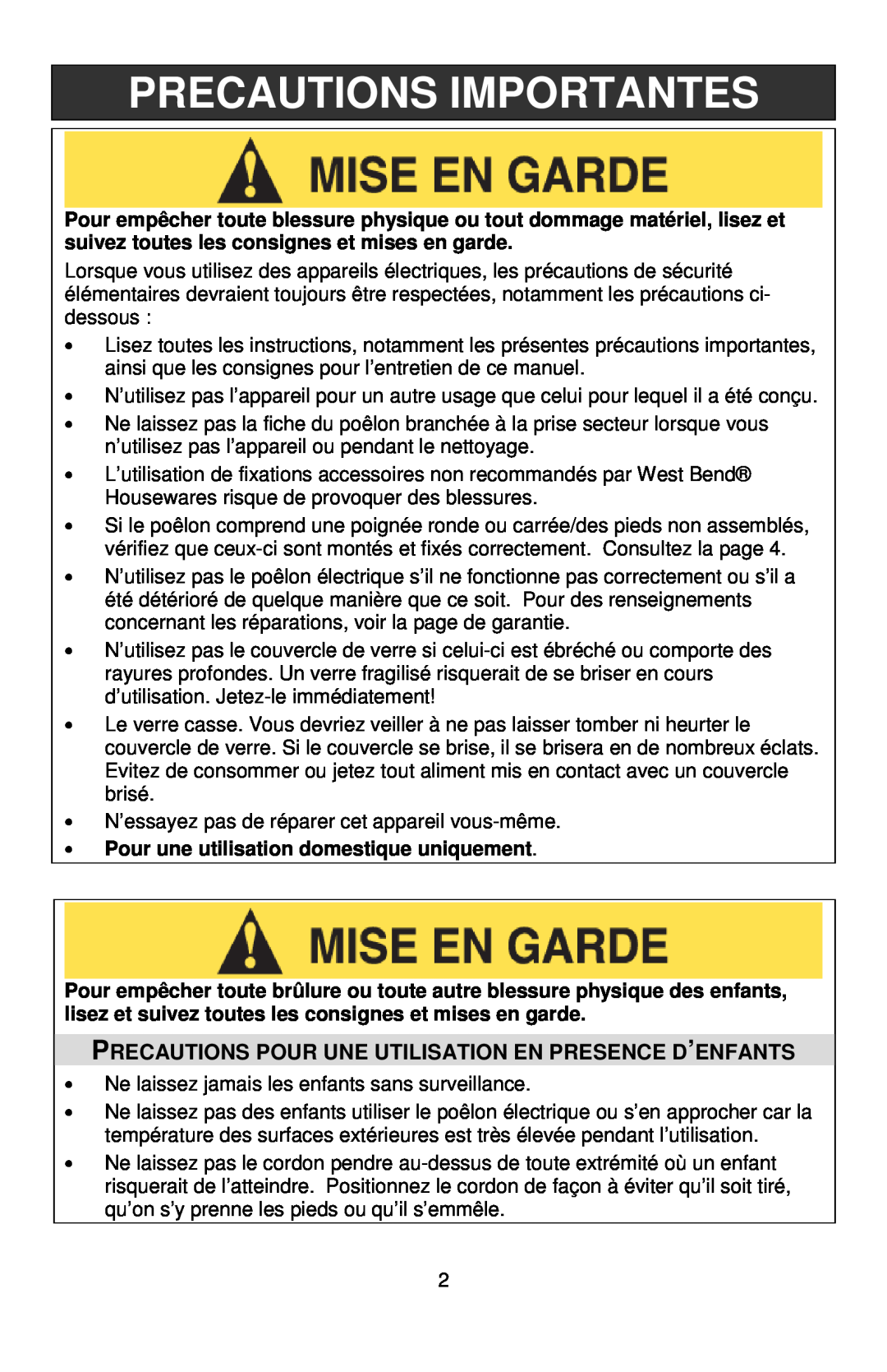 West Bend L5571D instruction manual Precautions Importantes, Precautions Pour Une Utilisation En Presence D’Enfants 