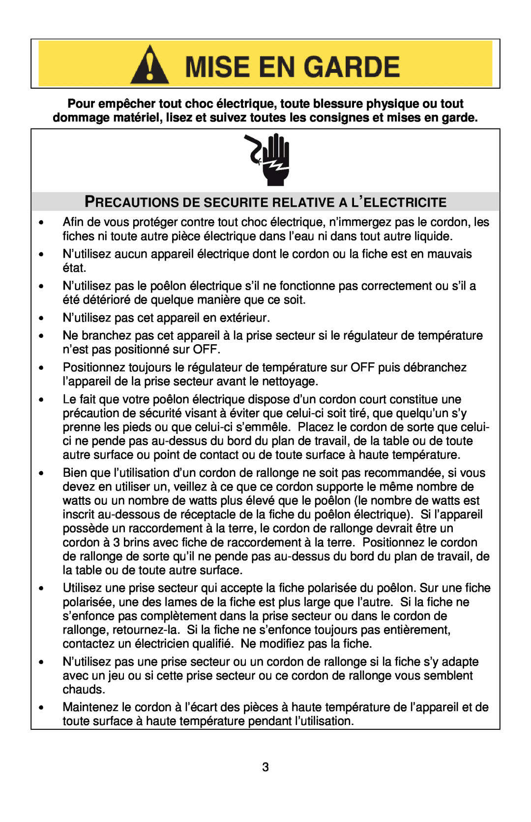 West Bend L5571D instruction manual Precautions De Securite Relative A L’Electricite 