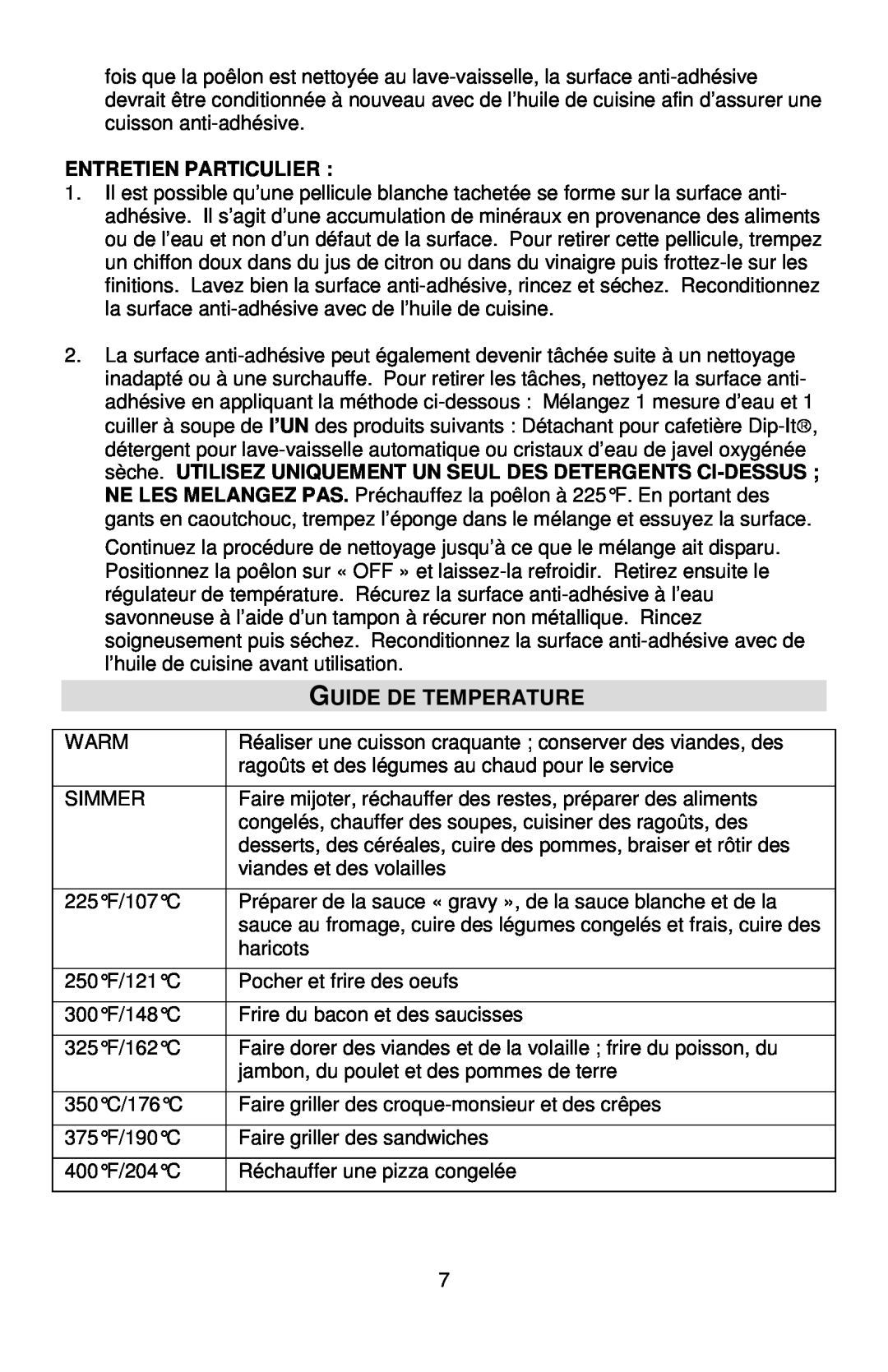 West Bend L5571D instruction manual Guide De Temperature, Entretien Particulier 