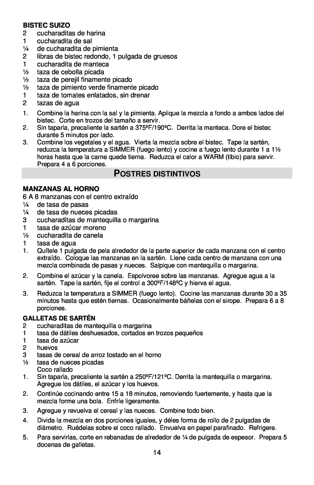 West Bend L5571D instruction manual Postres Distintivos, Bistec Suizo, Manzanas Al Horno, Galletas De Sartén 