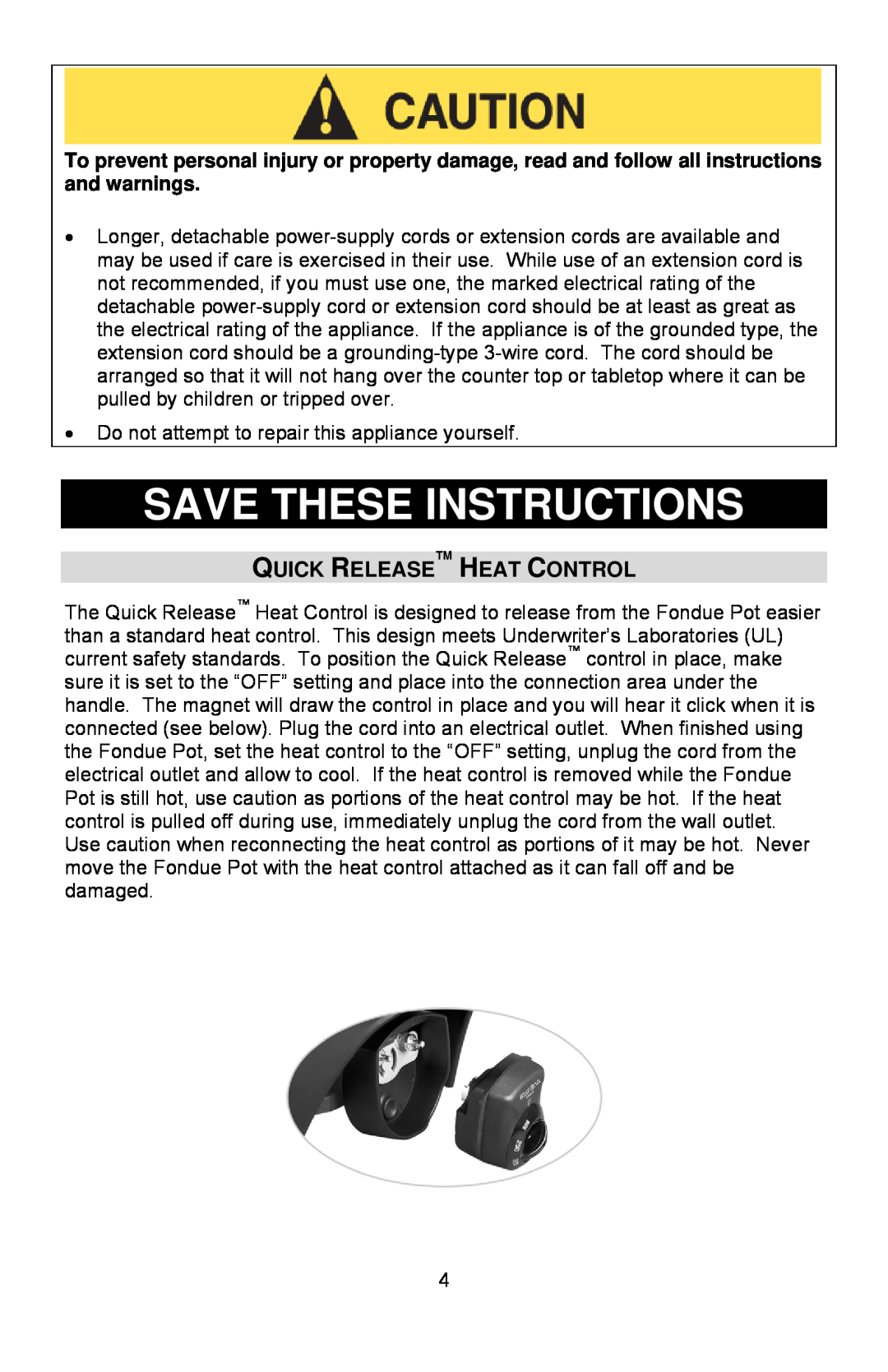 West Bend L5572D, 88533 instruction manual Save These Instructions, Quick Release Heat Control 