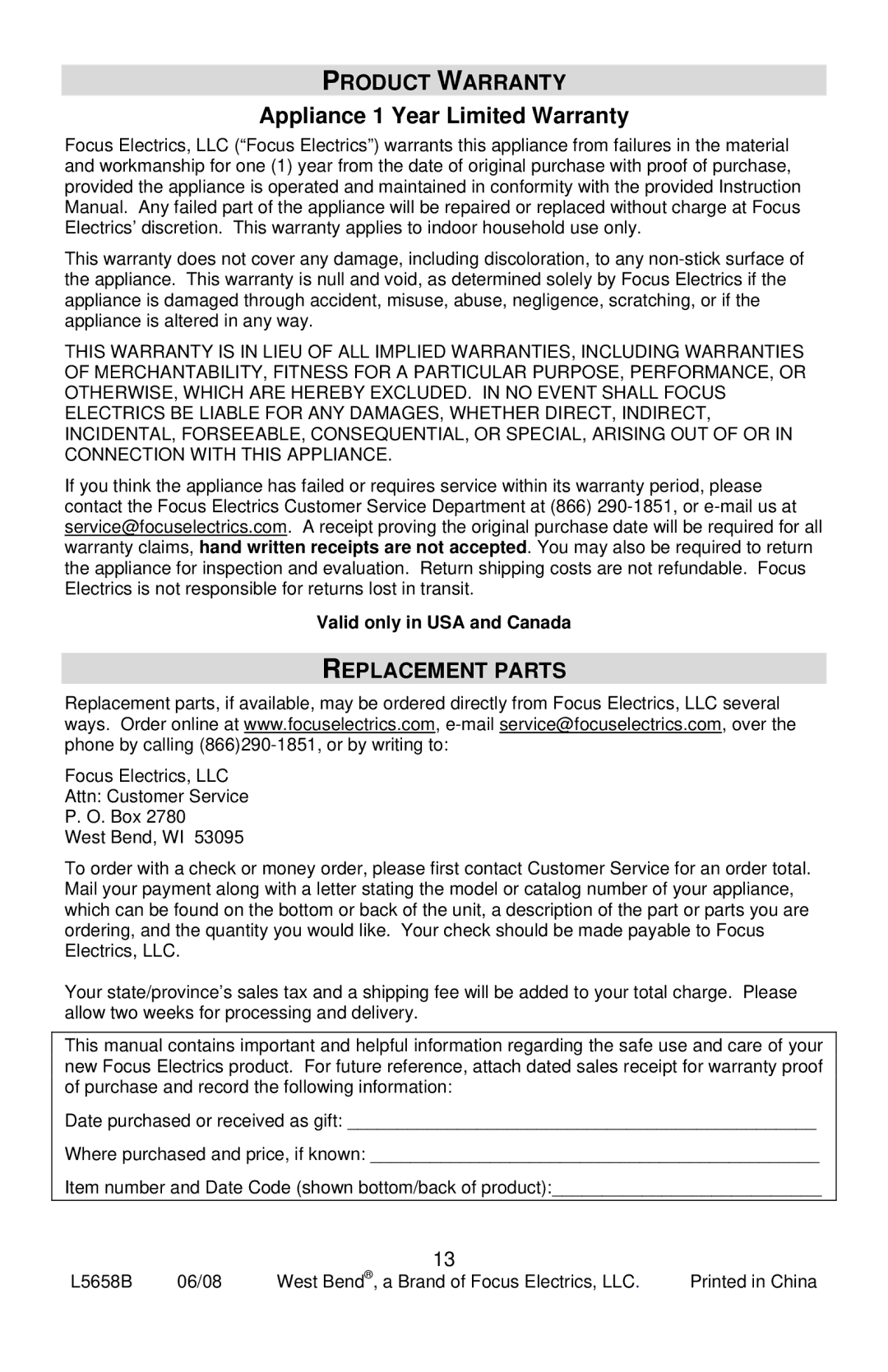 West Bend L5658B instruction manual Product Warranty, Replacement Parts, Valid only in USA and Canada 