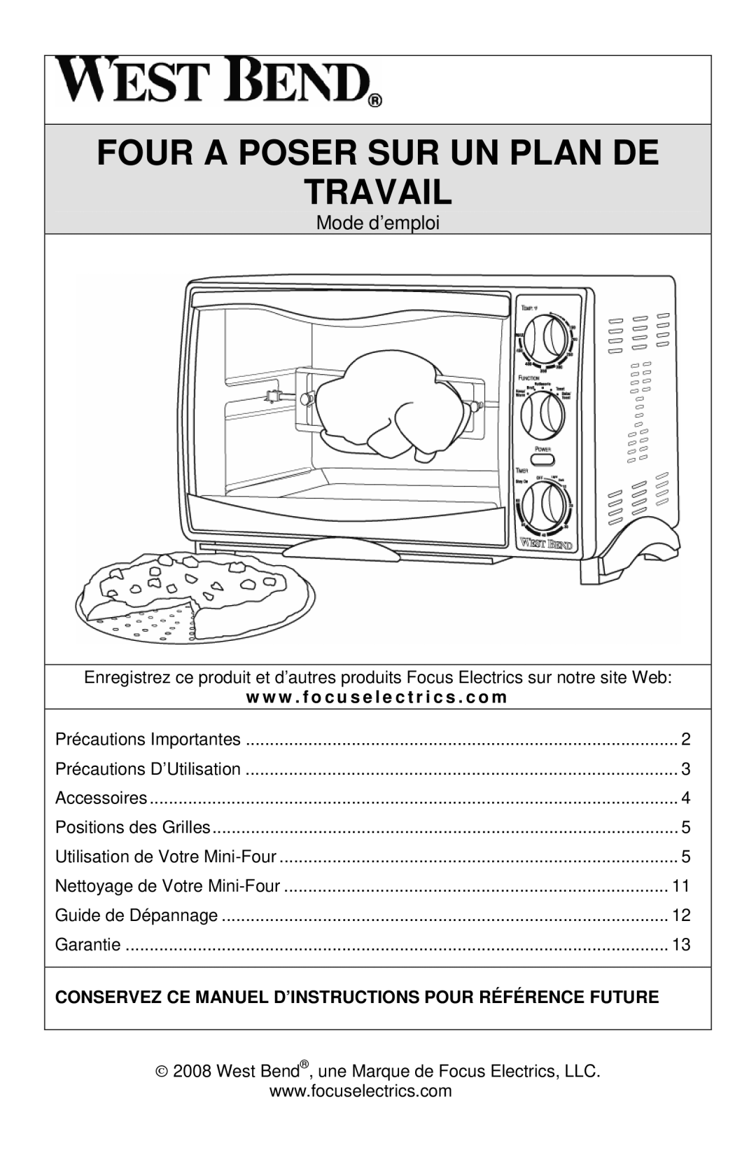 West Bend L5658B instruction manual Four a Poser SUR UN Plan DE Travail, W . f o c u s e l e c t r i c s . c o m 