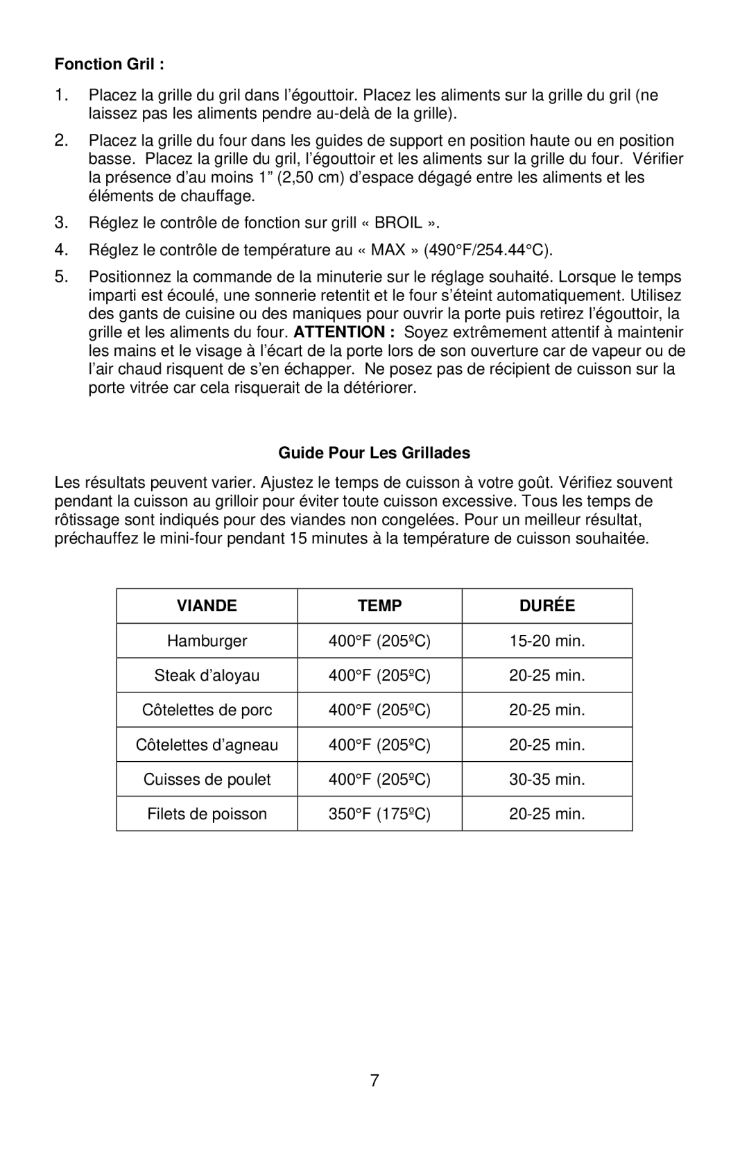 West Bend L5658B instruction manual Fonction Gril, Guide Pour Les Grillades, Viande Temp Durée 