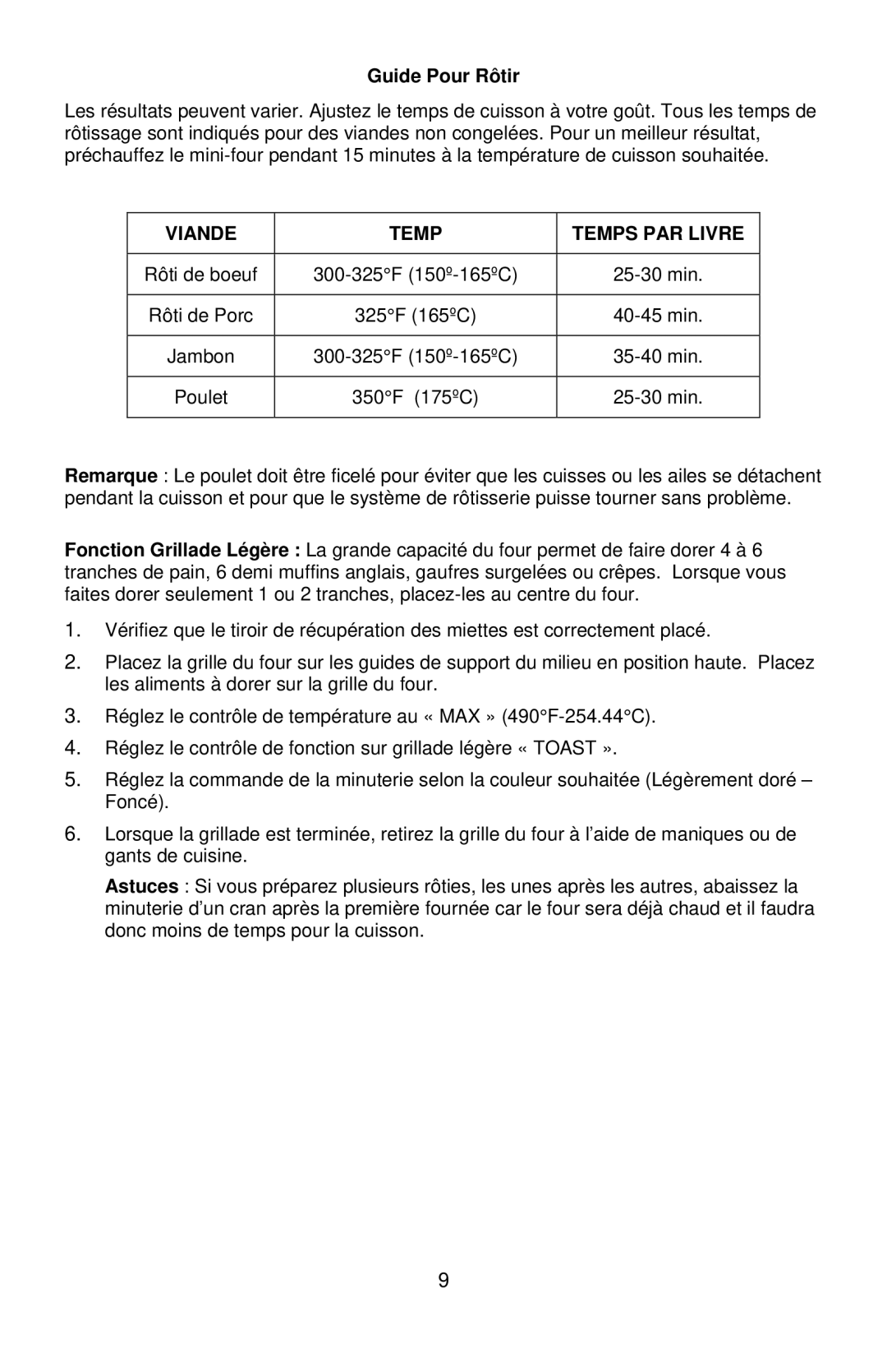 West Bend L5658B instruction manual Guide Pour Rôtir, Viande Temp Temps PAR Livre 