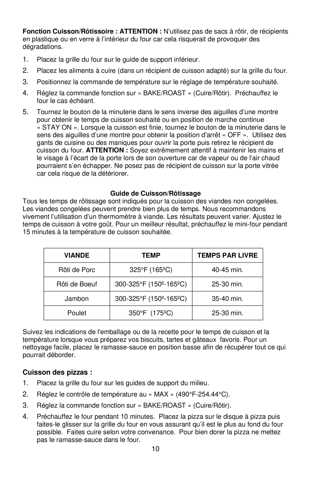 West Bend L5658B instruction manual Cuisson des pizzas, Guide de Cuisson/Rôtissage, Viande Temp 