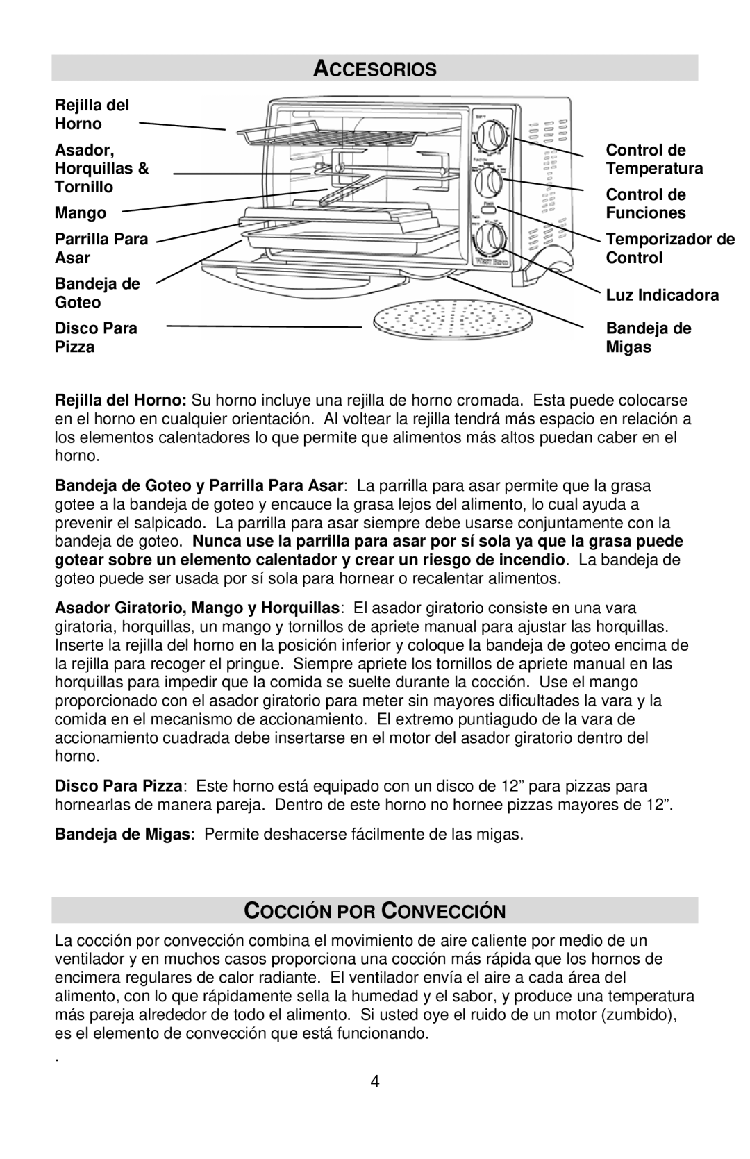 West Bend L5658B instruction manual Accesorios, Cocción POR Convección 