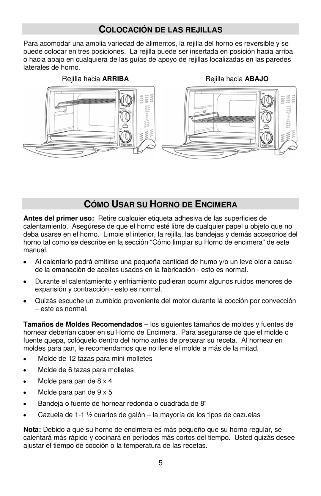 West Bend L5658B instruction manual Colocación DE LAS Rejillas, Cómo Usar SU Horno DE Encimera 