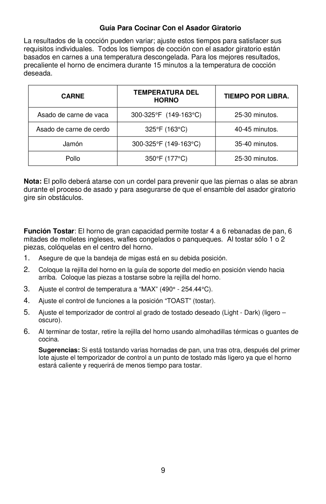 West Bend L5658B instruction manual Guía Para Cocinar Con el Asador Giratorio, Carne Temperatura DEL Tiempo POR Libra Horno 