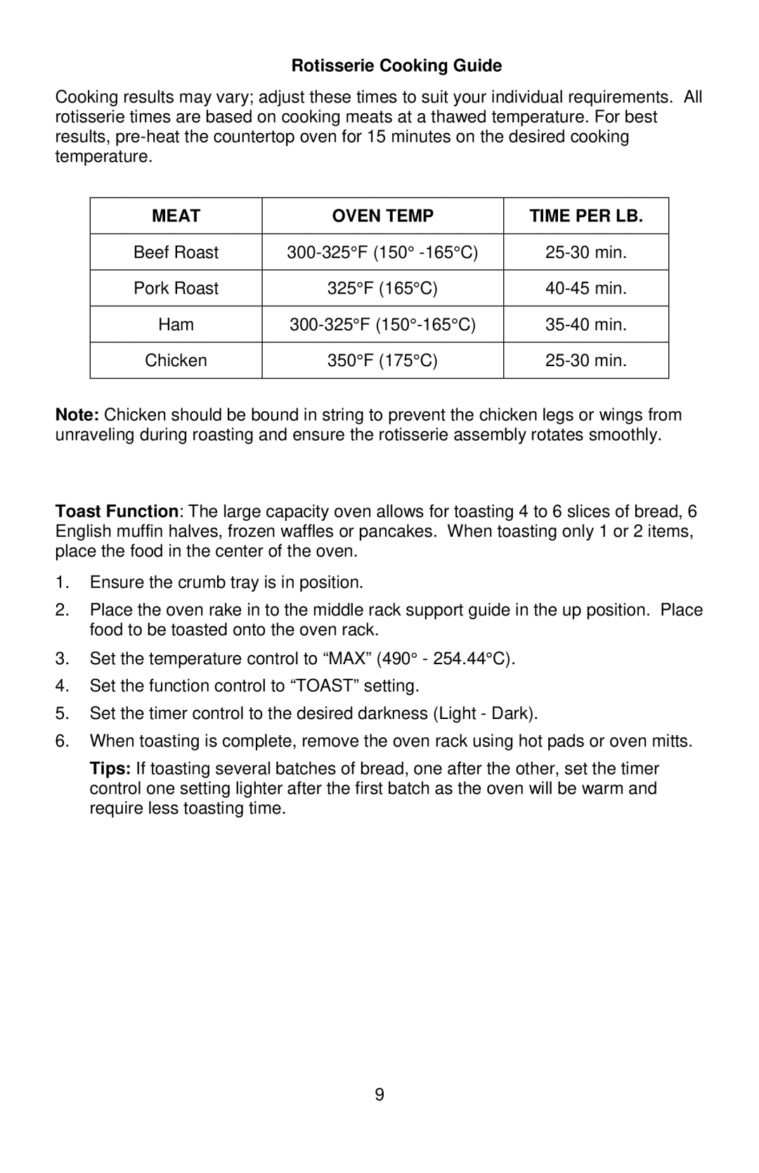 West Bend L5658B instruction manual Rotisserie Cooking Guide, Meat Oven Temp Time PER LB 