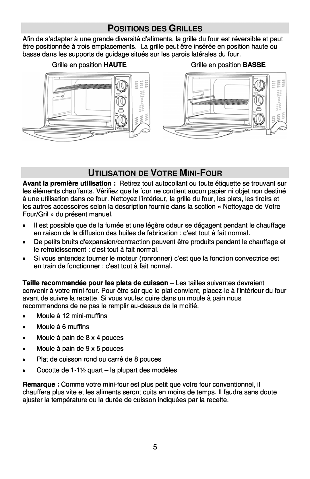 West Bend L5658B instruction manual Positions Des Grilles, Utilisation De Votre Mini-Four 