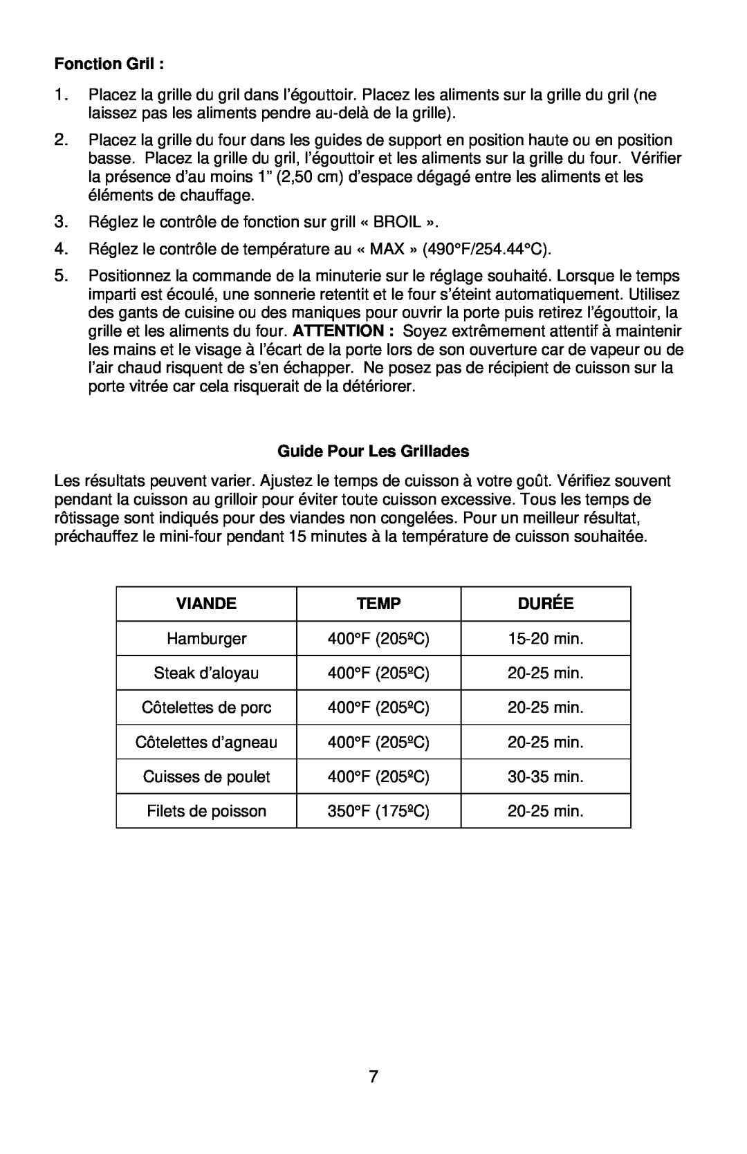West Bend L5658B instruction manual Fonction Gril, Guide Pour Les Grillades, Viande, Temp, Durée 