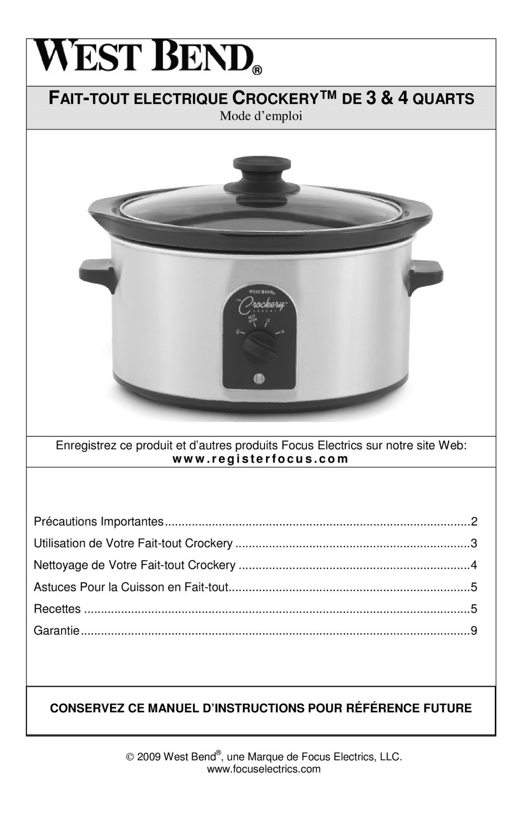 West Bend L5661A instruction manual FAIT-TOUT Electrique Crockery DE 3 & 4 Quarts 