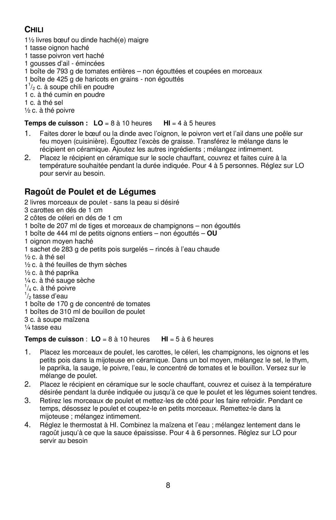 West Bend L5661A instruction manual Ragoût de Poulet et de Légumes, Chili 