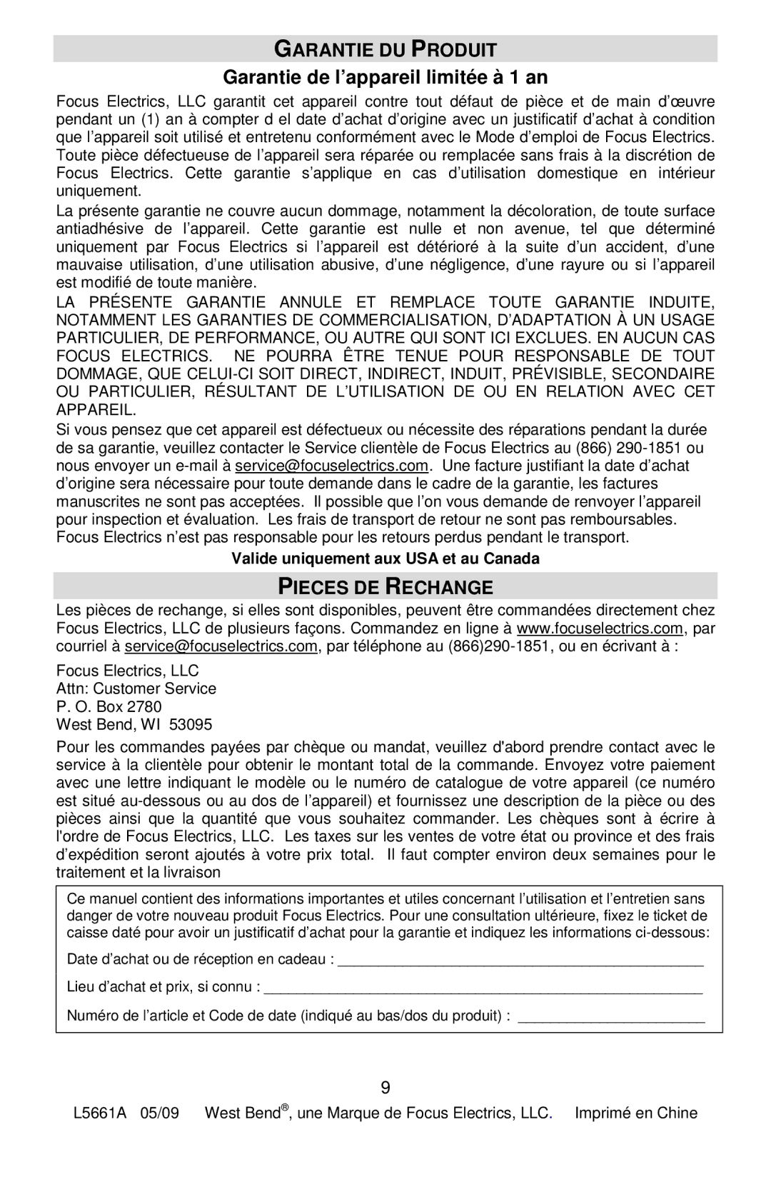 West Bend L5661A instruction manual Garantie DU Produit, Garantie de l’appareil limitée à 1 an, Pieces DE Rechange 