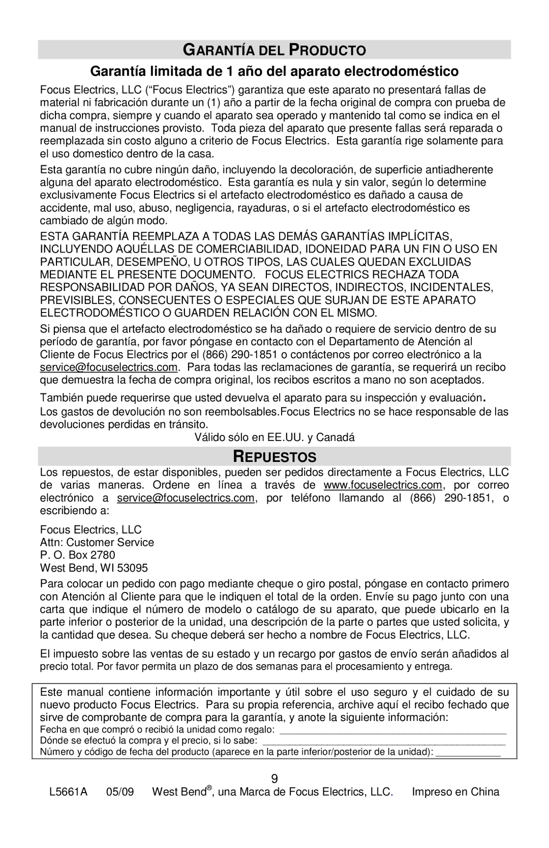 West Bend L5661A Garantía DEL Producto, Garantía limitada de 1 año del aparato electrodoméstico, Repuestos 