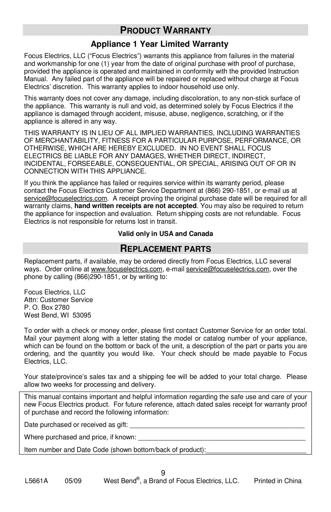 West Bend L5661A instruction manual Product Warranty, Appliance 1 Year Limited Warranty, Replacement Parts 