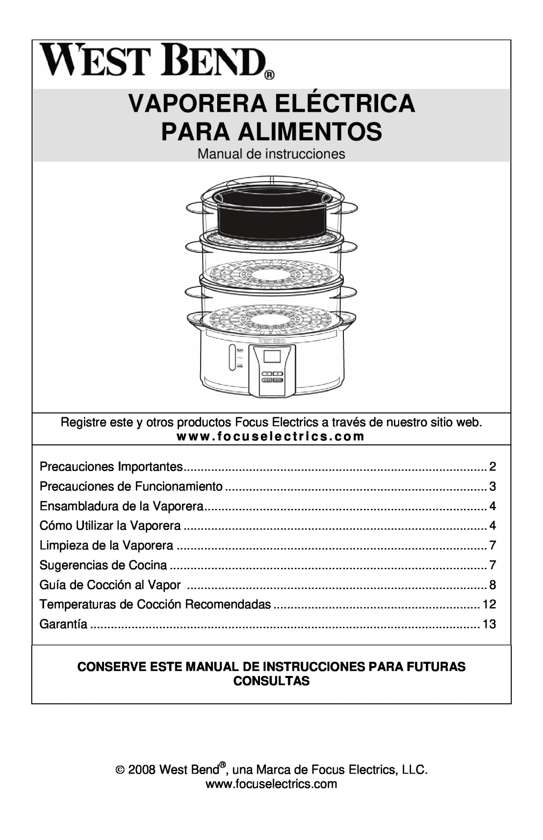 West Bend 86604, L5674B instruction manual Vaporera Eléctrica Para Alimentos, Manual de instrucciones, Consultas 