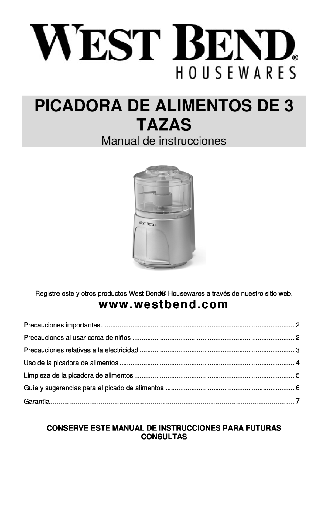 West Bend L5685 instruction manual Picadora De Alimentos De Tazas, Manual de instrucciones, Consultas 