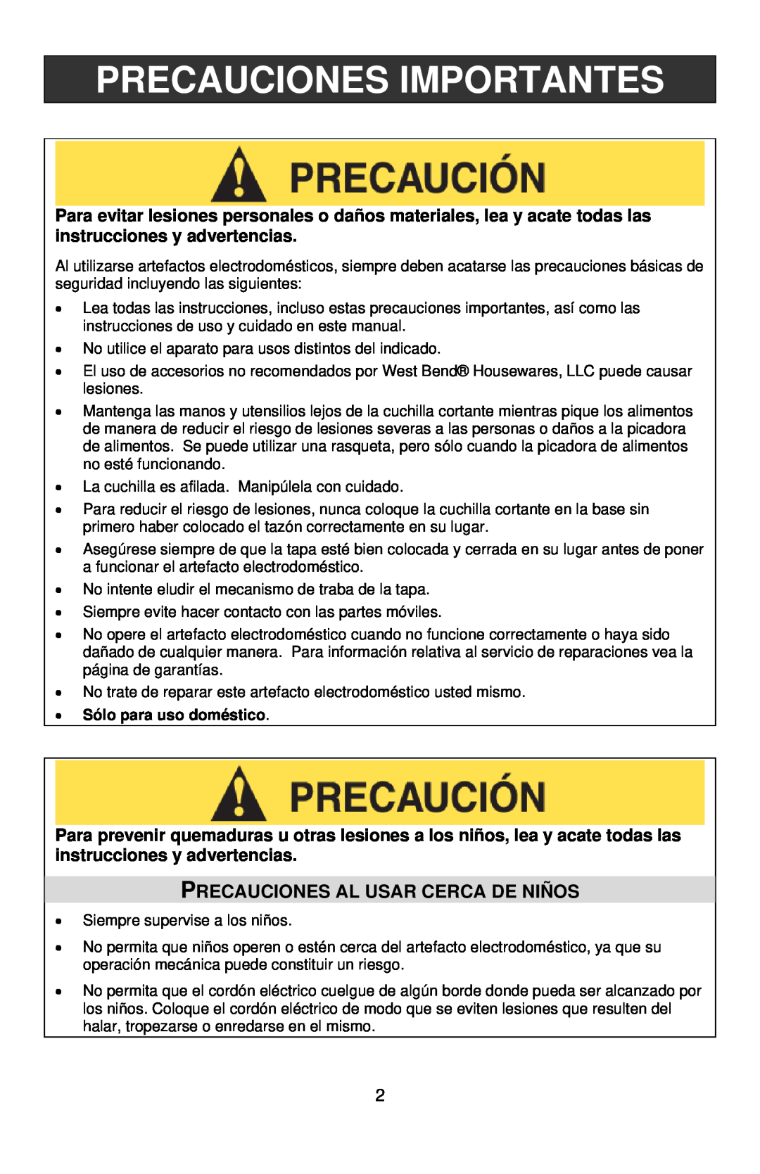 West Bend L5685 instruction manual Precauciones Importantes, Precauciones Al Usar Cerca De Niños 