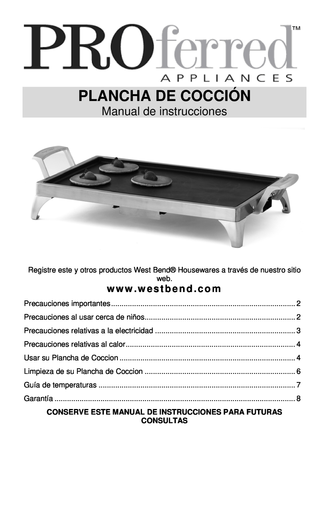 West Bend 79012, L5687 instruction manual Manual de instrucciones, Consultas, Plancha De Cocción, www . westbend . com 