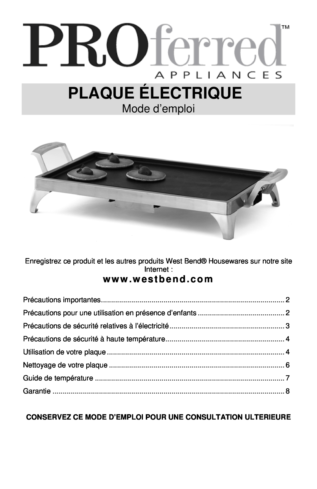 West Bend 79012, L5687 instruction manual Plaque Électrique, Mode d’emploi, www . westbend . com 