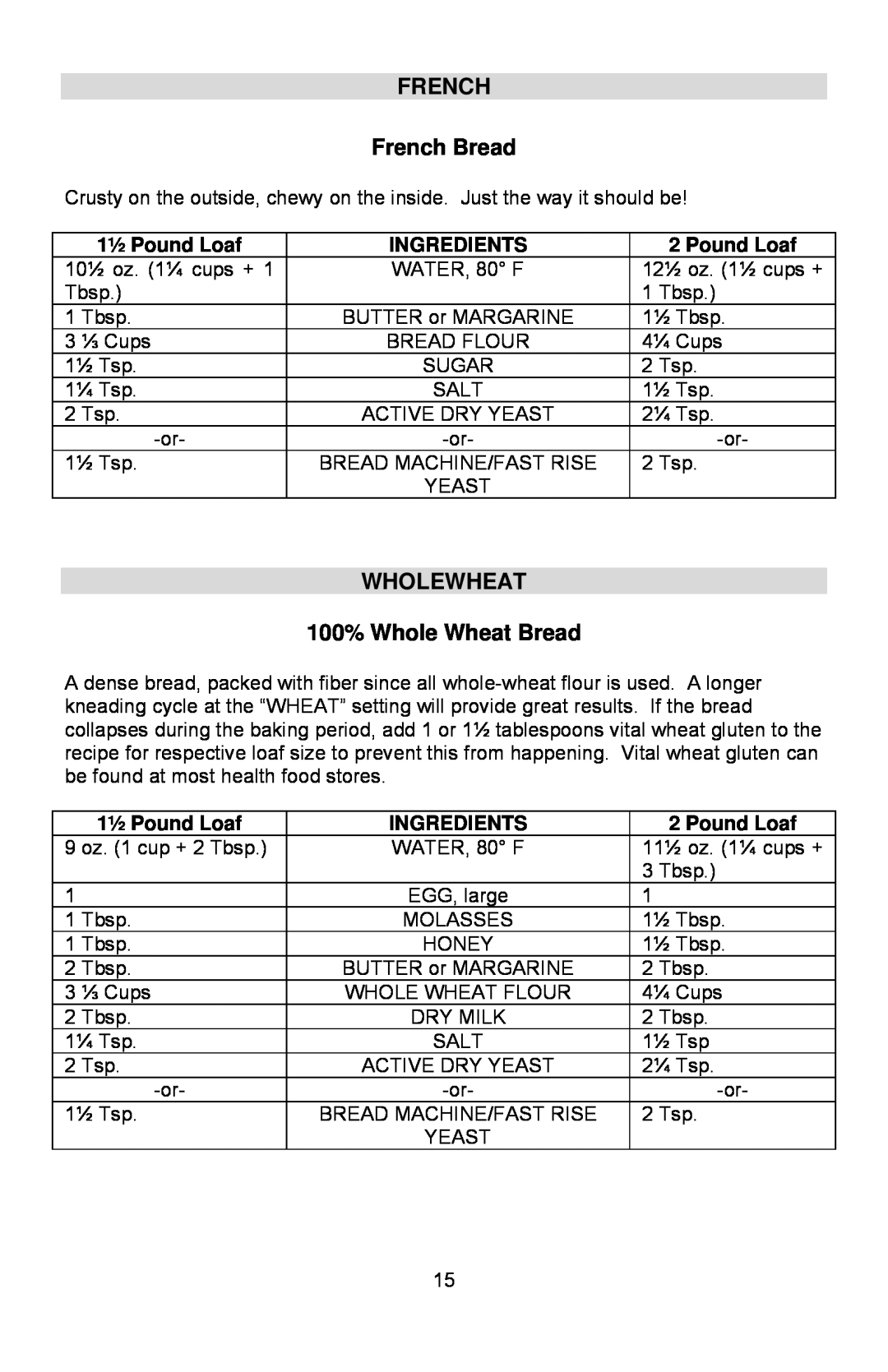 West Bend L5689A instruction manual FRENCH French Bread, WHOLEWHEAT 100% Whole Wheat Bread, 1½ Pound Loaf, Ingredients 