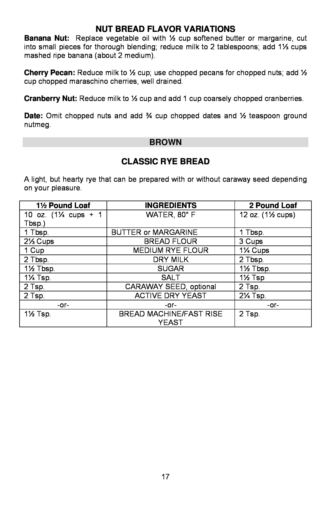 West Bend L5689A instruction manual Nut Bread Flavor Variations, Brown Classic Rye Bread, 1½ Pound Loaf, Ingredients 