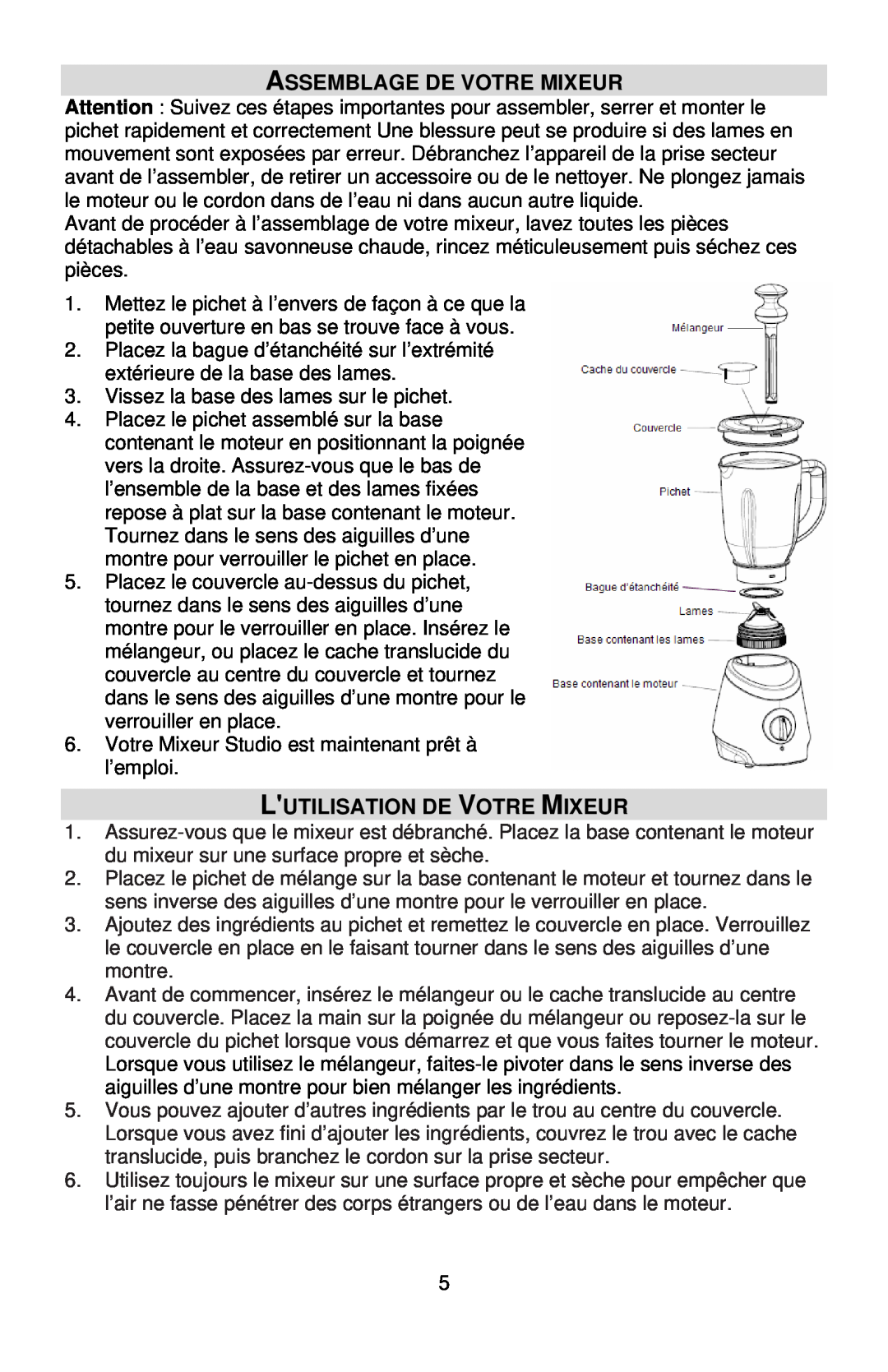 West Bend L5700 instruction manual Assemblage De Votre Mixeur, Lutilisation De Votre Mixeur 