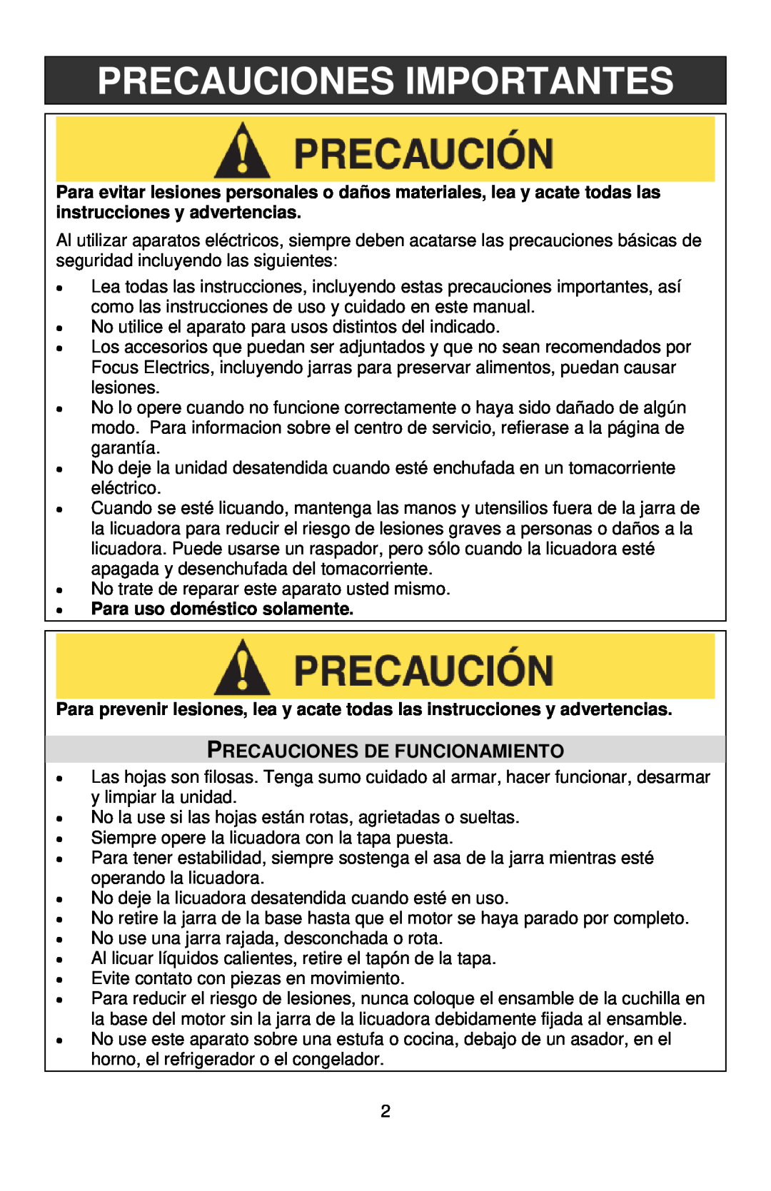 West Bend L5700 instruction manual Precauciones Importantes, Precauciones De Funcionamiento, •Para uso doméstico solamente 