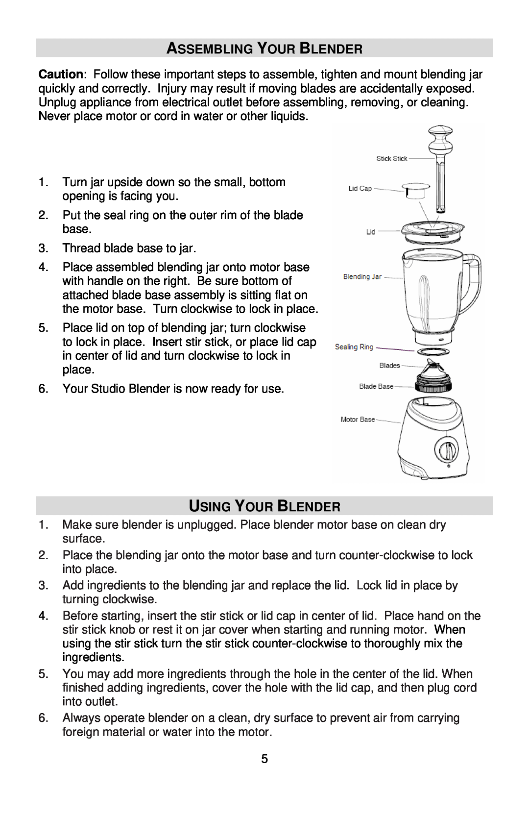 West Bend L5700 instruction manual Assembling Your Blender, Using Your Blender 