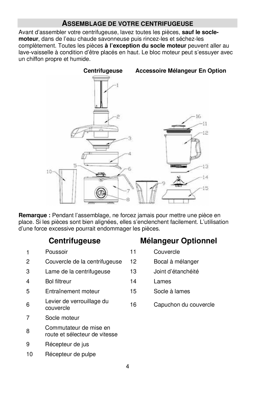 West Bend L5711A, 7000 instruction manual Assemblage DE Votre Centrifugeuse, Centrifugeuse Accessoire Mélangeur En Option 