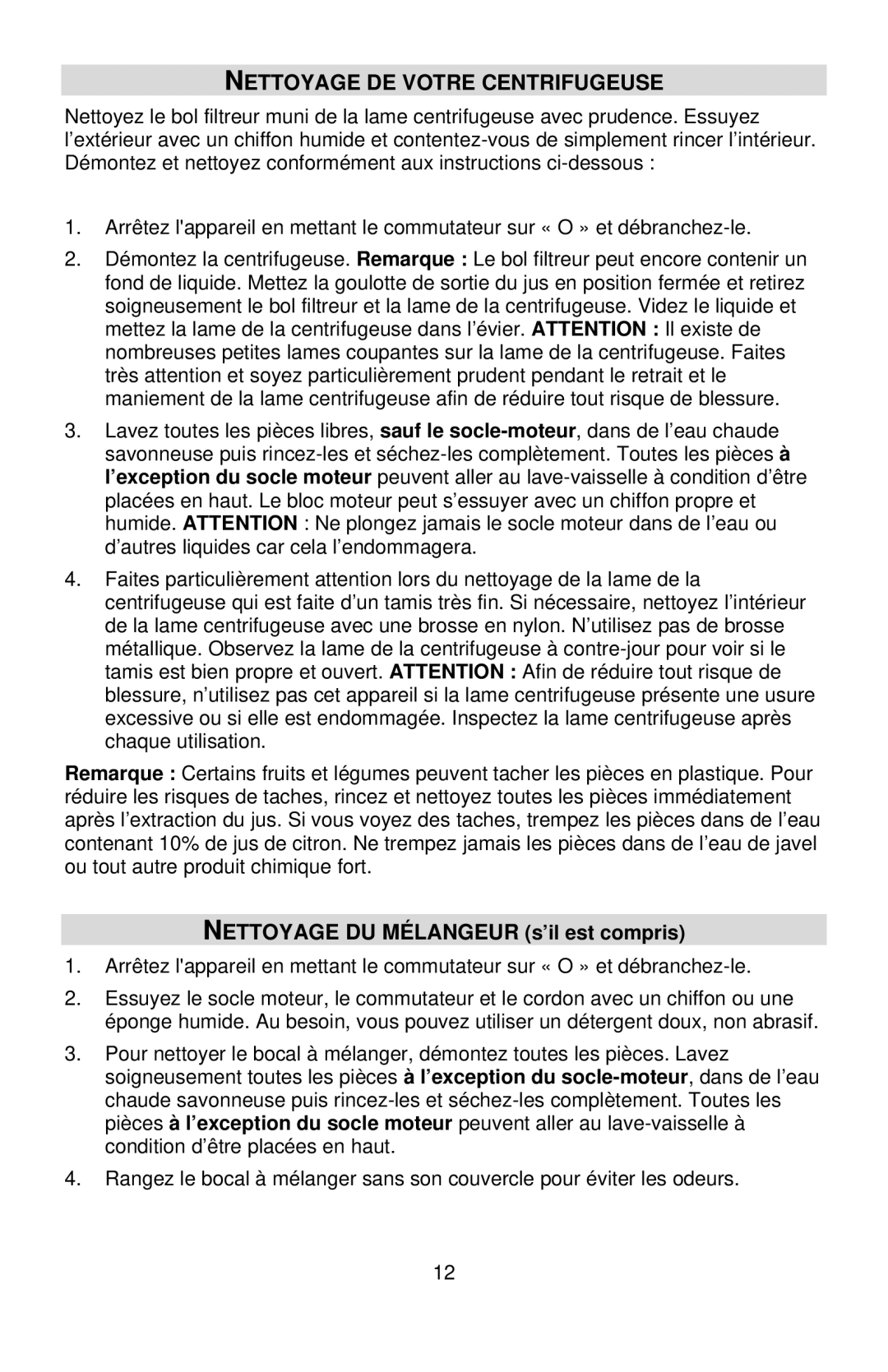 West Bend L5711A, 7000 instruction manual Nettoyage DE Votre Centrifugeuse, Nettoyage DU Mélangeur s’il est compris 