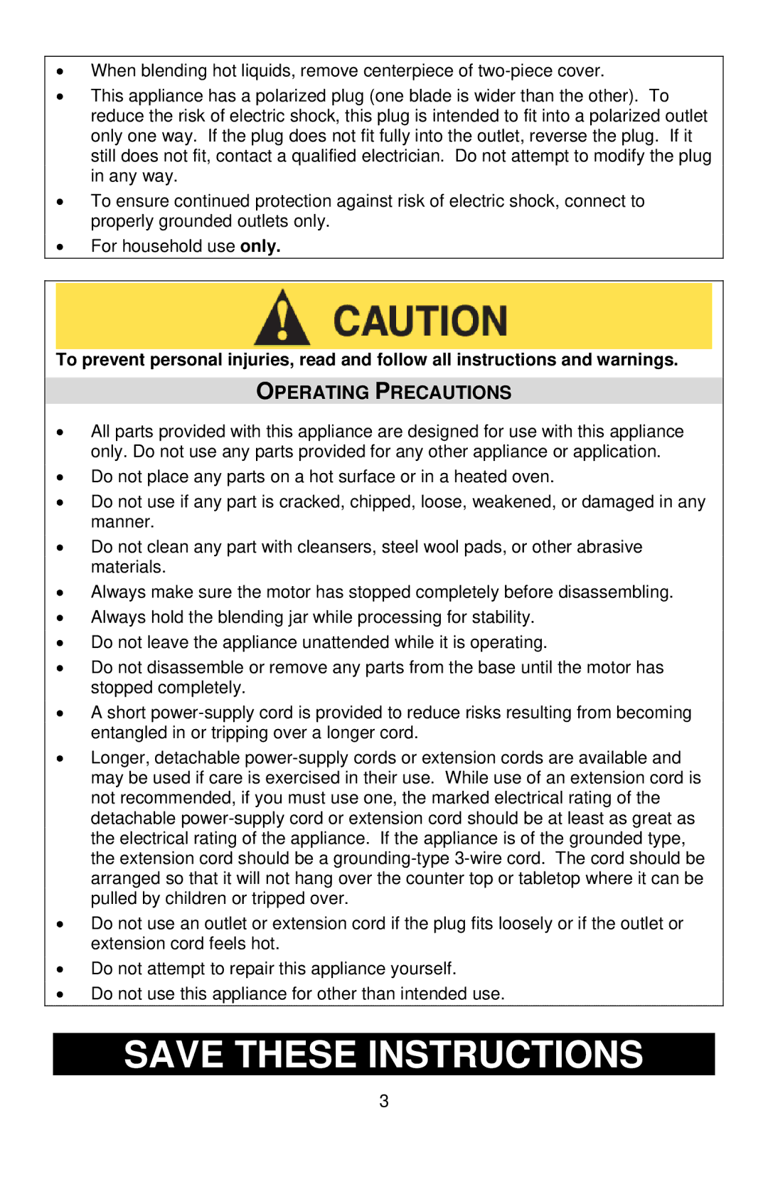 West Bend 7000, L5711A instruction manual Operating Precautions 